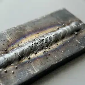 Close-up of a MIG weld bead with porosity and spatter